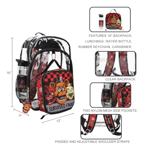 Five Nights at Freddy's 5-Piece Backpack & Lunchbox Set With Water Bottle - color: Black, Red, Brown & Clear, size: 16 Inches