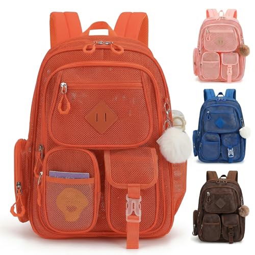 Mesh Backpack Heavy Duty, Semi-Transparent Bag for Women Girls Boys Adults, Large Capacity Bookbag with Padded Straps for School Beach Swimming Sports Travel Work-Orange - color: Orange