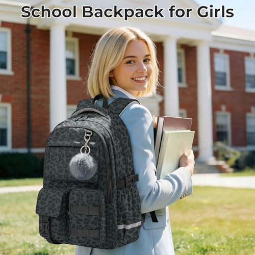WOBAGMEN Cute Leopard Backpack for Teen Girls, Large Capacity Multi-Pocket School Bag Fits 15.6" Laptop, Lightweight Durable Daypack for School and Travel (Black Leopard, M) - color: Black Leopard