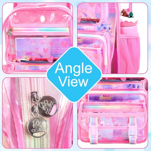KLFVB 3PCS Clear Backpack Heavy Duty, Girls See Through School Bag Set, Cute Transparent Bookbag for Women - Heart Love Pink - color: Heart Love Pink Clear Backpack