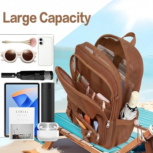 Mesh Backpack for Girls Boys, Women Mesh Bookbags Heavy Duty Semi-Transparent School Bag Net Back Pack for Travel, Beach, Swimming, Work - Coffee - color: Coffee