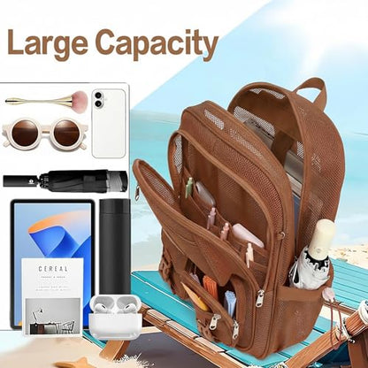 Mesh Backpack for Girls Boys, Women Mesh Bookbags Heavy Duty Semi-Transparent School Bag Net Back Pack for Travel, Beach, Swimming, Work - Coffee - color: Coffee