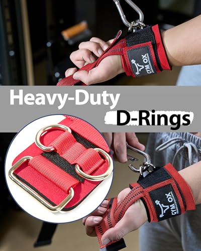 2-in-1 Weight Lifting Straps with D Ring, 7mm Neoprene Padded Wrist Support for Men & Women, Heavy Duty Gym Wrist Straps & Cable Machine Attachment for Gym, Powerlifting, Rows, Pull-ups - color: Red