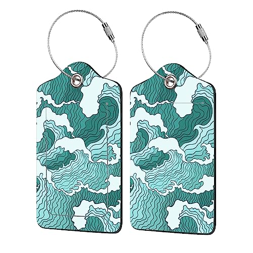 2 Pack Luggage Tag for Suitcase,Japanese Abstract Wave PU Leather Suitcase Tags Identifiers with Privacy Name Address Labels and Durable Steel Loop for Women Men Travel - color: Japanese Abstract Wave