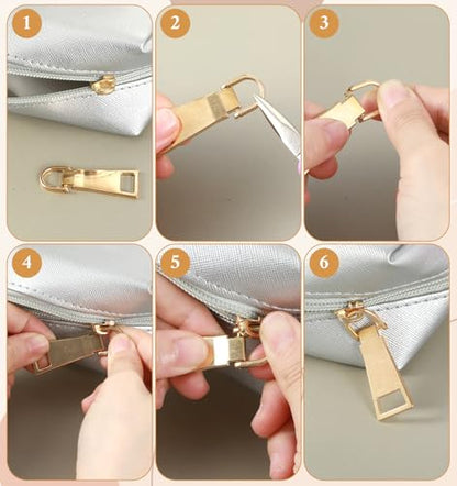 6 Pcs Zipper Pull Replacement, Gold Zipper Pull for Luggage, Backpack, Jacket, Suitcase & Handbags, Durable Metal Zippers Slider Repair Kit (Small/Middle/Large)