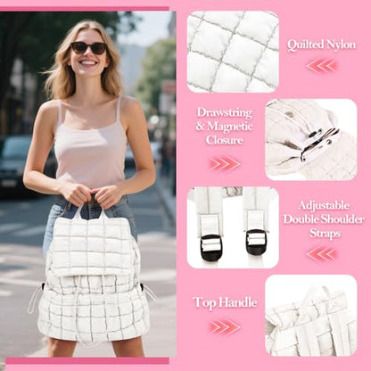 Quilted Puffer Backpack for Women Lightweight Soft Puffy Backpack Purse Casual Daily Drawstring Flap Daypack (White) - color: White