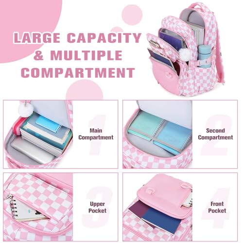 Bevalsa Backpack for Girls 3PCS Teen Girls Pink Backpack for School with Lunch Bag Pencil Case Cute Kids Laptop Backpacks Bookbag for Elementary Middle High School College Student (Checkerboard) - color: Pink Checkerboard