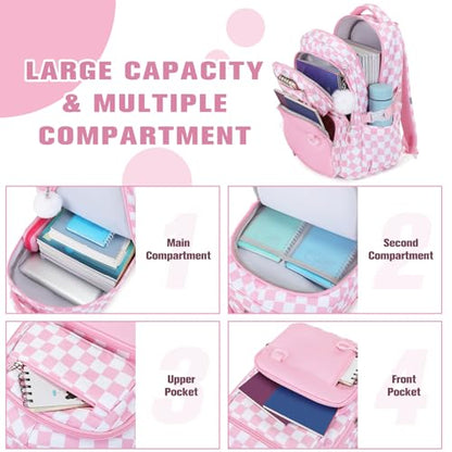 Bevalsa Backpack for Girls 3PCS Teen Girls Pink Backpack for School with Lunch Bag Pencil Case Cute Kids Laptop Backpacks Bookbag for Elementary Middle High School College Student (Checkerboard) - color: Pink Checkerboard