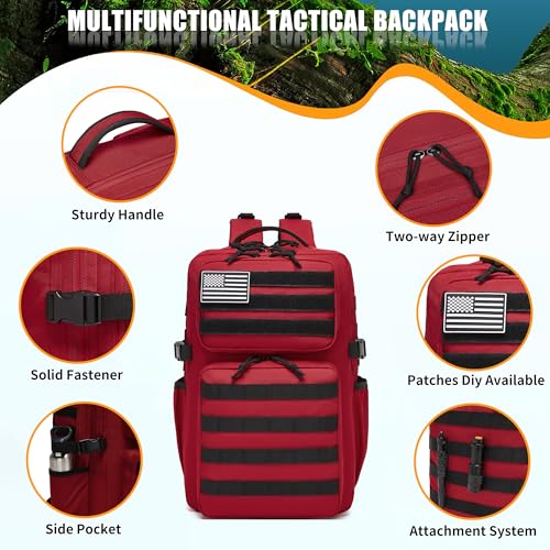 Wotony Military Tactical Backpack for Men Waterproof Daypack 3 Day Assault Pack Molle Bag with Water Bottle Holder - color: Red, size: 35L