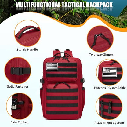 Wotony Military Tactical Backpack for Men Waterproof Daypack 3 Day Assault Pack Molle Bag with Water Bottle Holder - color: Red, size: 35L