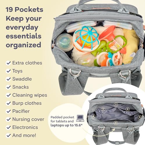 RUVALINO Diaper Bag Backpack-Multifunction Travel Baby Diaper Bag with Changing Pad, Insulated Bottle Holders & Pacifier Case, Large Capacity, Waterproof, Gray - color: Austere Gray