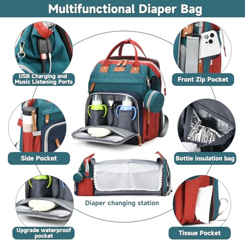 Baby Diaper Bags with Changing Station Multifunctional Waterproof Diaper Bag Backpack Travel Baby Bag with Changing Pad, Pacifier Case,Baby Essentials(Multicolor) - color: Up-multicolor