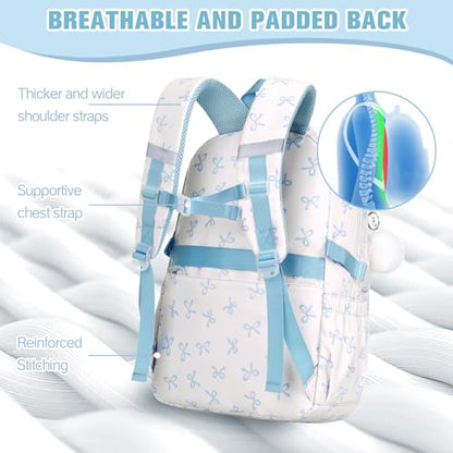 Bevalsa Backpack for Girls 3PCS Teen Girls Bow Backpack for School with Lunch Bag Pencil Case Blue Cute Kids Laptop Backpacks Bookbag for Elementary Middle High School College Student (Bow) - color: Blue Bow