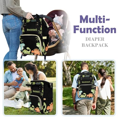 Personalized Diaper Bag with Name, Custom Cute Green Dinosaur Theme Bag, Black Monogram Nappy Backpack with Thermal Pockets for Adults, Large Capacity Waterproof Diaper Bag - color: Cute Dinosaur