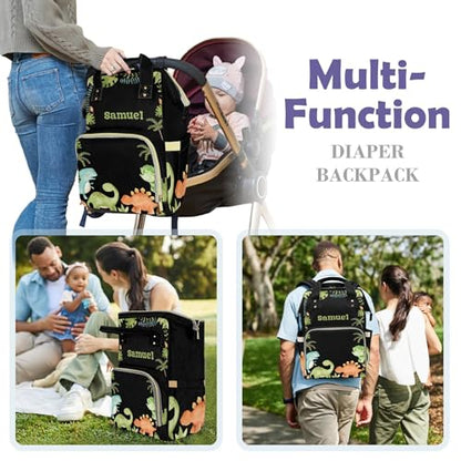 Personalized Diaper Bag with Name, Custom Cute Green Dinosaur Theme Bag, Black Monogram Nappy Backpack with Thermal Pockets for Adults, Large Capacity Waterproof Diaper Bag - color: Cute Dinosaur