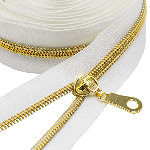 MebuZip #5 Gold Metallic Nylon Coil Zippers by The Yard Bulk Coil Zipper Roll 10 Yards with 25pcs Pulls for DIY Sewing Craft Bags (White) - color: Gold White