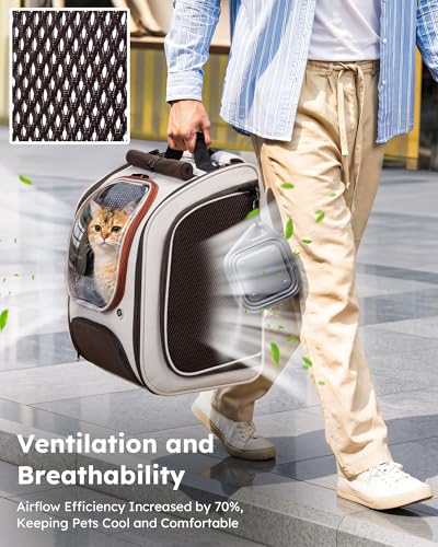 Pecute Dog Backpack Carrier,Large Space Dog Bubble Backpack,Ergonomic,Khaki | Color Blocking,Sunshade curtain,Folding bowl,Transparent window,Sturdy,Large mesh on both sides for breathability - color: Khaki-on-Khaki Color Blocking