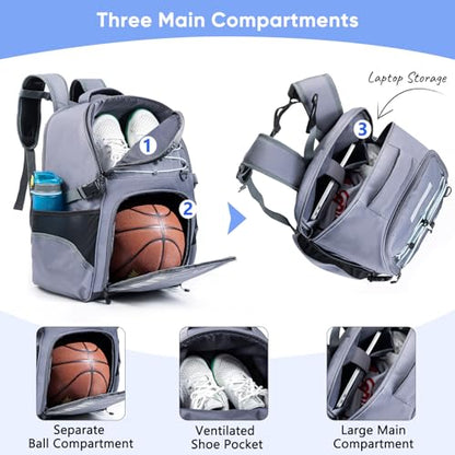 Basketball Bag Backpack with Ball Compartment & Shoe Pocket – Gym Bag for Basketball, Soccer, Football, Volleyball – Large Capacity Athletic Backpack for Youth & Adults, Basketball Gifts - color: Grey