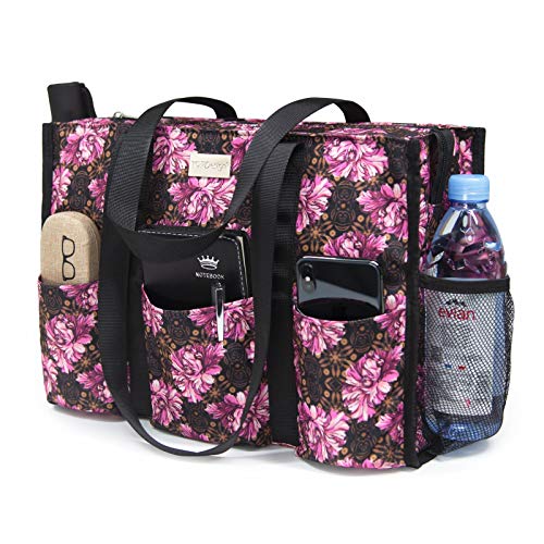 TOPDesign Utility Water Resistant Tote Bag with 13 Pockets, Top Zipper Closure & Thick Bottom Support, for Working Women - color: Baroque Carnation, size: Medium