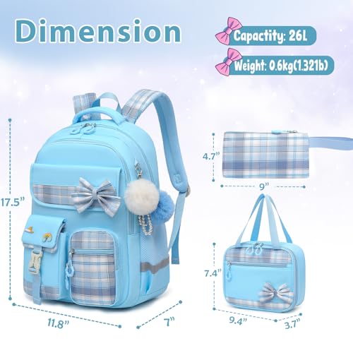 Alrisg Girls School Backpack Preppy Plaid Bookbag Lightweight Backpack for Girls Elementary Middle School Bow Blue Set - color: Blue, size: 17in Set