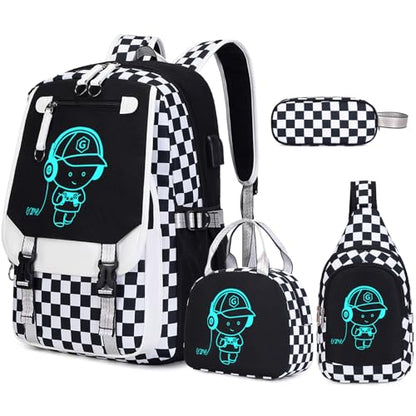 Bevalsa Backpack for Boys, Cool Luminous Boys Backpack with Sling Bag, Lunch Box & Pen Case, School Bags for Kids Children Teens Elementary Middle Schools, Bookbag Glow In The Dark (Checkerboard) - color: Checkerboard