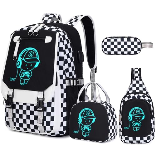 Bevalsa Backpack for Boys, Cool Luminous Boys Backpack with Sling Bag, Lunch Box & Pen Case, School Bags for Kids Children Teens Elementary Middle Schools, Bookbag Glow In The Dark (Checkerboard) - color: Checkerboard