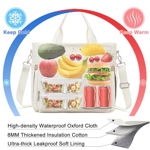 AIJIEKE Large Insulated Lunch Bag for Men Women, Leakproof Work Lunch Box | Keeps food fresh 8-12 hours. Spacious multi-pocket design with a removable strap. Water-resistant and easy-wipe interior - color: Beige