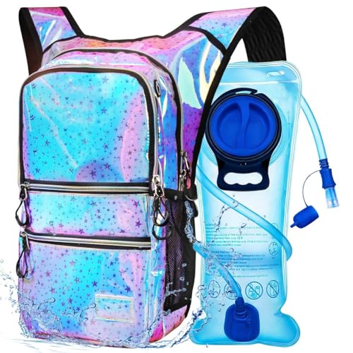 Mothybot Hydration Backpack Pack, Water Backpack 20L Capacities Included 2L Hydration Bladder, Festival Essential - Rave Hydration Pack Hydropack Hydro for Hiking, Festival Gear - color: Holographic BluePink Star