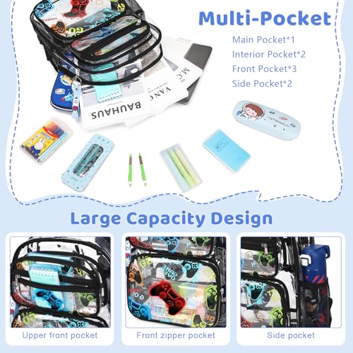 ACESAK Clear Backpack for Boys - 3 Pcs Game Heavy Duty with Lunch Bag - See Through Backpack Clear Bookbag Stadium Approved for Kids Middle High College School Travel (Black Game Console) - color: Black Game Console