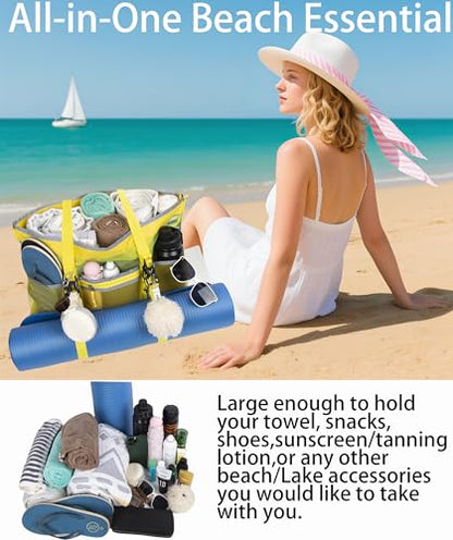 Mesh Beach Bag with Cooler Large Travel Family Vacation Essentials Pool Swimming Zipper Pocket Durable 9 Pockets - color: Yellow-green