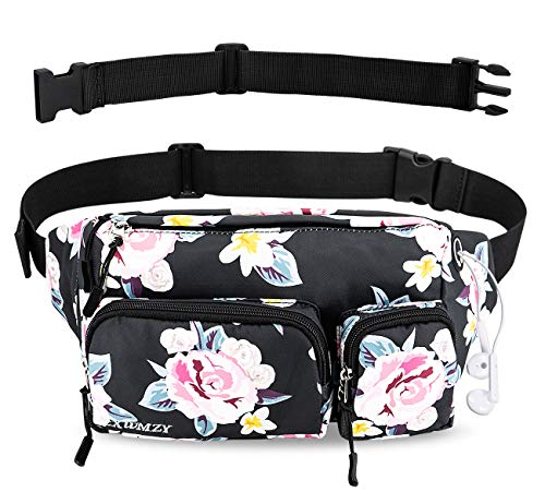 CXWMZY Fanny Packs For Women & Men, Waist Bag Hip Bum Bag Strap Extension Large Capacity Easy Carry Any Phone Passport Wallet for Outdoors Workout Traveling Casual Running Hiking Cycling Dog Walking - color: Black Base Floral