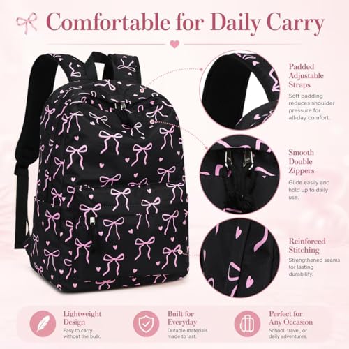 LOIDOU Backpack for Teen Girls Bookbags School Backpack with Lunch Box and Pencil Case 3 in 1 School Bags Set - color: Black Bow-Tie