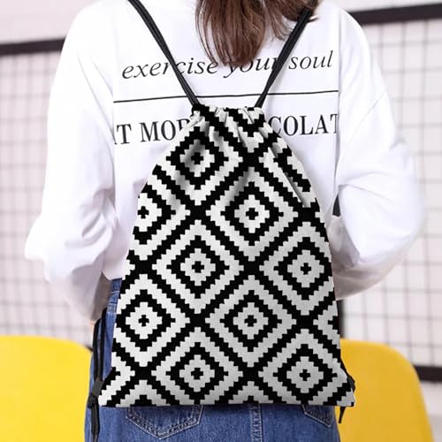 Drawstring Backpack Draw String Bag Waterproof for Sports Gym Beach Travel Cute Aesthetic Sackpack Men Women (13"×17")-Black Rhombus - color: S-20-black