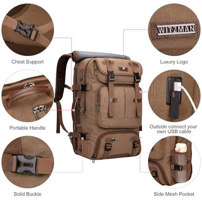 WITZMAN Travel Backpack for Men 40L Large Carry-on Airline Approved Convertible 3 in 1 laptop Bags Fit 16 inch(A8013 Brown) - color: Brown