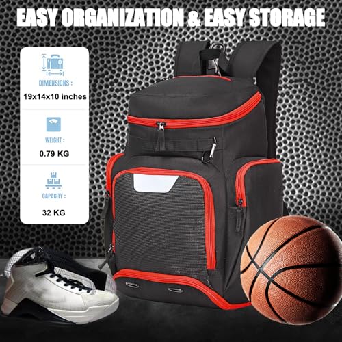 LARIPOP Basketball Backpack with Ball & Ventilated Shoe Compartment Insulated Pockets for Men Training - color: Red