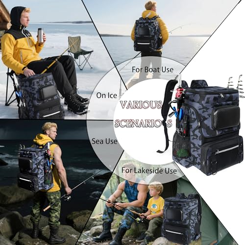 Fishing Backpack with Rod Holder and Tackle Boxes, Cooler, Large 50L Fishing Gear Bag with 139 Fishing Lures Kit, Fish Tool Set, Fish Gifts for Men Woman-Grey Backpack - color: Grey
