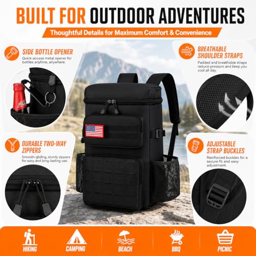 25L Extra Large Tactical Cooler Backpack, Soft Lightweight Insulated Lunch Box for Men, 38 Can Leakproof Cooler Bag Keeps Hot Cold up to 20H for Camping, Hiking, Beach, Work, Black