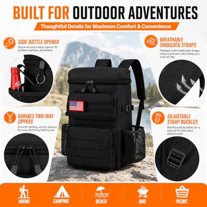 25L Extra Large Tactical Cooler Backpack, Soft Lightweight Insulated Lunch Box for Men, 38 Can Leakproof Cooler Bag Keeps Hot Cold up to 20H for Camping, Hiking, Beach, Work, Black