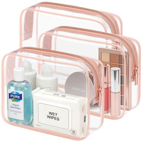 PACKISM TSA Approved Toiletry Bag - Clear Makeup Bag 3 Pack Medium, Metal Smooth Zipper Quart Size Bag for 3-1-1 Liquids, Travel Makeup Bag for Women Men, Airport Airline Compliant Bag, Rose Pink - color: Active Rose Pink, size: Medium Set (Standard)