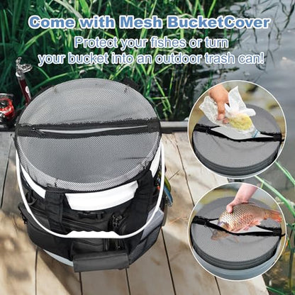 Fishing Bucket Organizer with Bucket Cover Fishing Tackle Bag with Rod & Plier Holder, Multi-Pockets for 5 Gallon Bucket Fishing Gear & Accessories Father Gifts - color: Black