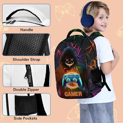 Boys Backpack with Lunch Box and Pencil Case, 3Pcs Gamer Backpack for Boys Teens, 17 Inch Large Capacity - color: GAME-HMWJ-3