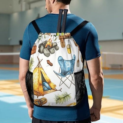 Drawstring Gym Backpack with Shoe Compartment And Wet Pocket, 28L Lightweight Waterproof Camping Equipment Pattern Sports Backpack for Workout Swim Beach Travel String Bag for Men Women