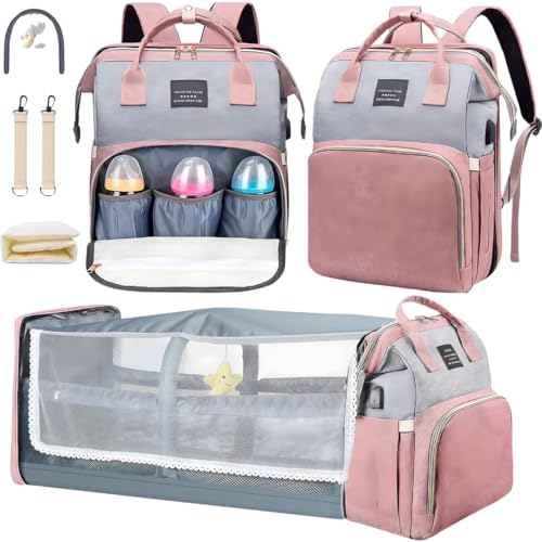 UR Choice Baby Diaper Bag With Changing Station, Travel Waterproof Diaper Bagpack For Mom Dad With USB Charging Port, Large Capacity & Multifunctional With Insulated Pacifier Case - Pink