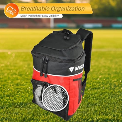 Vizari Soccer Backpack Soccer Bag | Water resistant Durable Equipment Bag for Football, Basketball, Volleyball | Cleats and Ball Compartment - Red,Blue,Black - color: RED