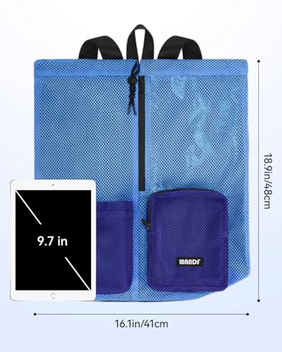 WANDF Swim Bag for Swimmers, Mesh Beach Backpack - color: Blue With 2 Front Pockets, size: Large