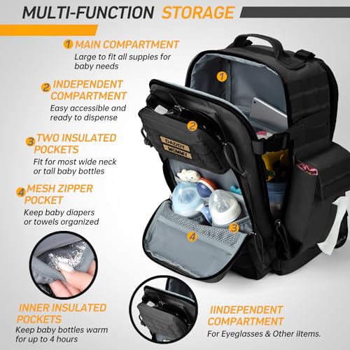SHARKMOUTH Dad Diaper Bag for Men - Military Baby Backpack with Patches for Hiking Travel Camping Trips - Baby Shower Gifts Black - color: Black