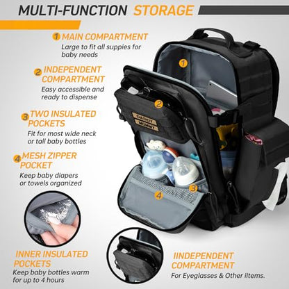 SHARKMOUTH Dad Diaper Bag for Men - Military Baby Backpack with Patches for Hiking Travel Camping Trips - Baby Shower Gifts Black - color: Black