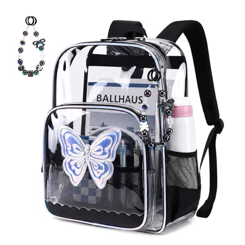 MUSEVOS Clear Backpack, Heavy Duty Clear Bookbag for School PVC Transparent Backpack for Kids Girls Women, Black Butterfly - color: Black