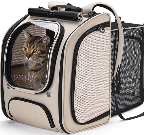 Pecute Cat Backpack Carrier Expandable, Large Space Cat Bubble Backpack, Breathable Cat Carrier, Shaded Dog Backpack Carrier for Travel, Hiking, Vet,12.6" L x 10.2" W x 16.5" H, Khaki - color: Khaki(Expandable)