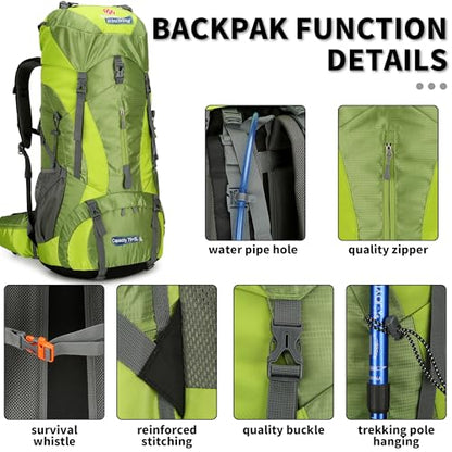 Hiking Backpack for Men and Women 70L+5L Waterproof Lightweight Camping Daypack with Rain Cover for Outdoor Travel Mountaineering - Frameless (Green) - color: Green
